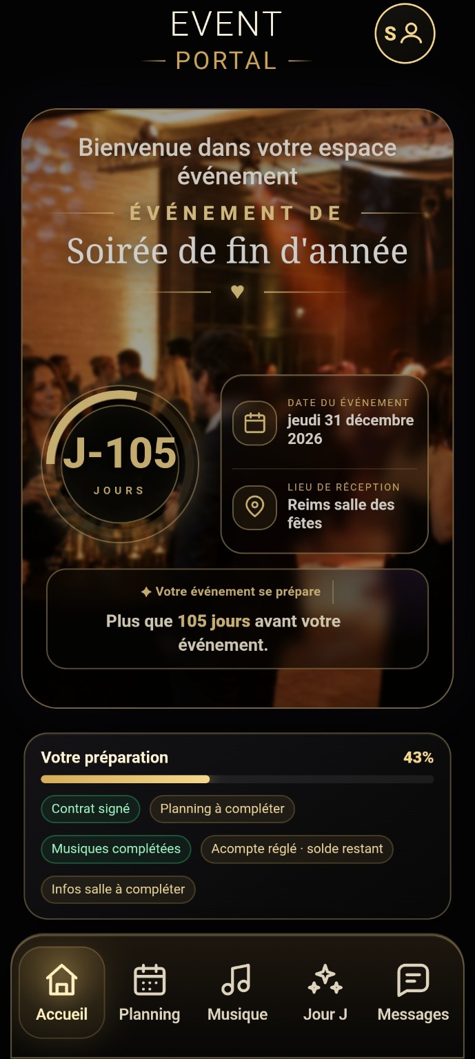 Capture réelle de l’accueil My Event Portal pour un événement