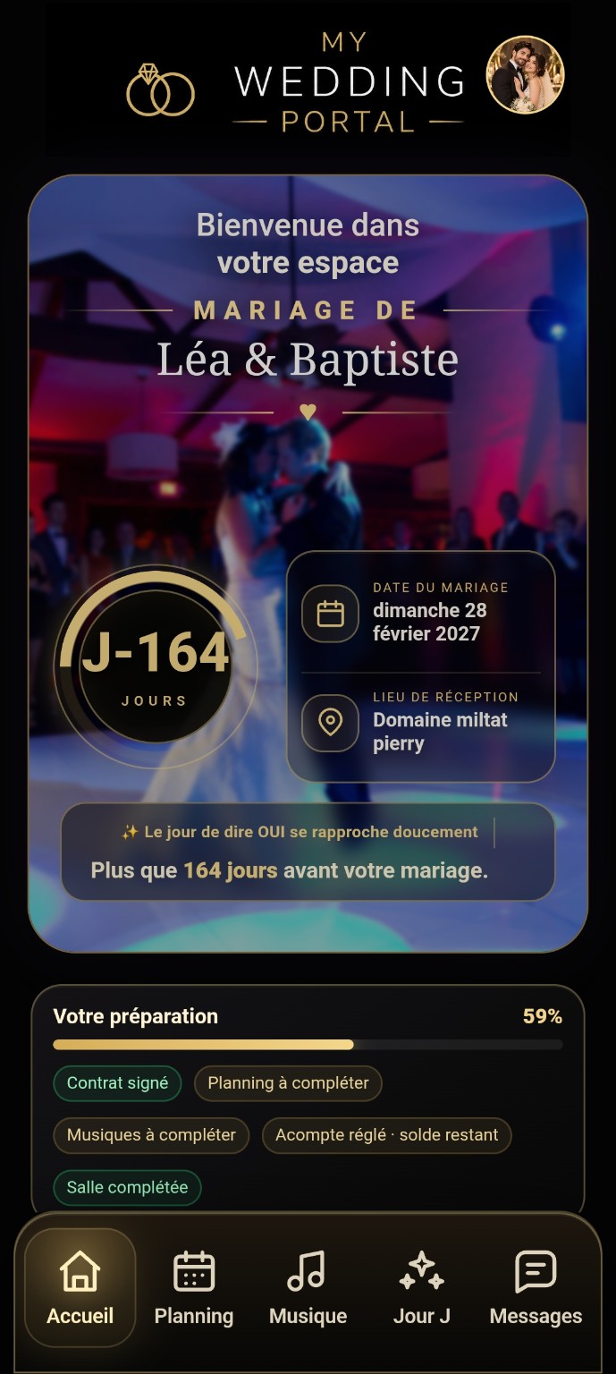 Capture réelle de l’accueil My Wedding Portal pour un mariage